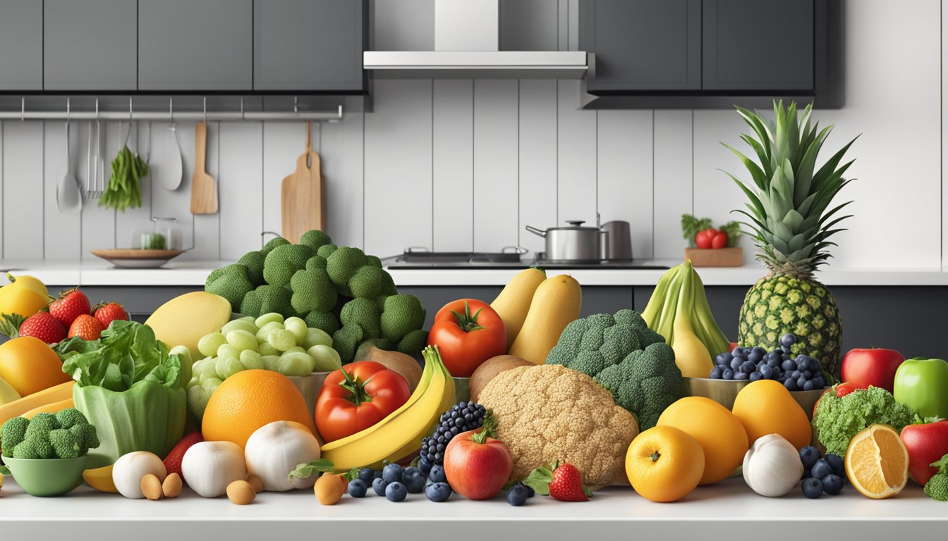 A colorful array of fresh fruits, vegetables, lean proteins, and whole grains arranged on a clean, modern kitchen counter