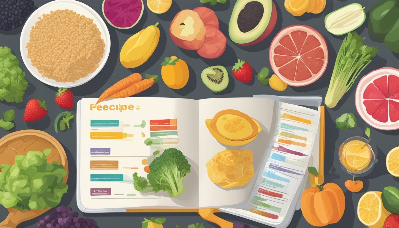 A colorful array of fruits, vegetables, whole grains, and lean proteins arranged on a table, with a meal plan and recipe book nearby