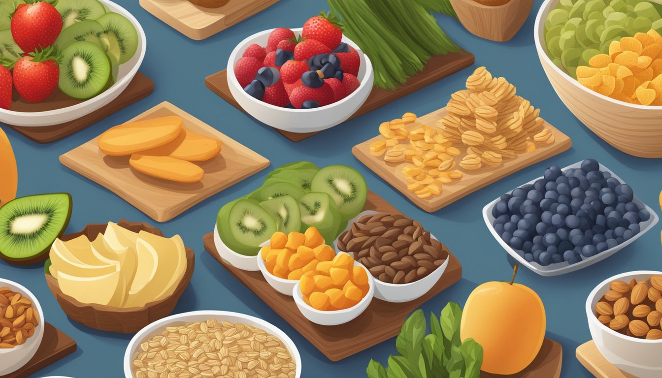 A table with a variety of healthy snacks, such as fruits, vegetables, nuts, and whole grains, arranged in an appealing and appetizing display