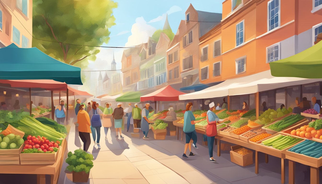 A colorful outdoor market with fresh produce and a cozy restaurant with healthy meal options for diabetics