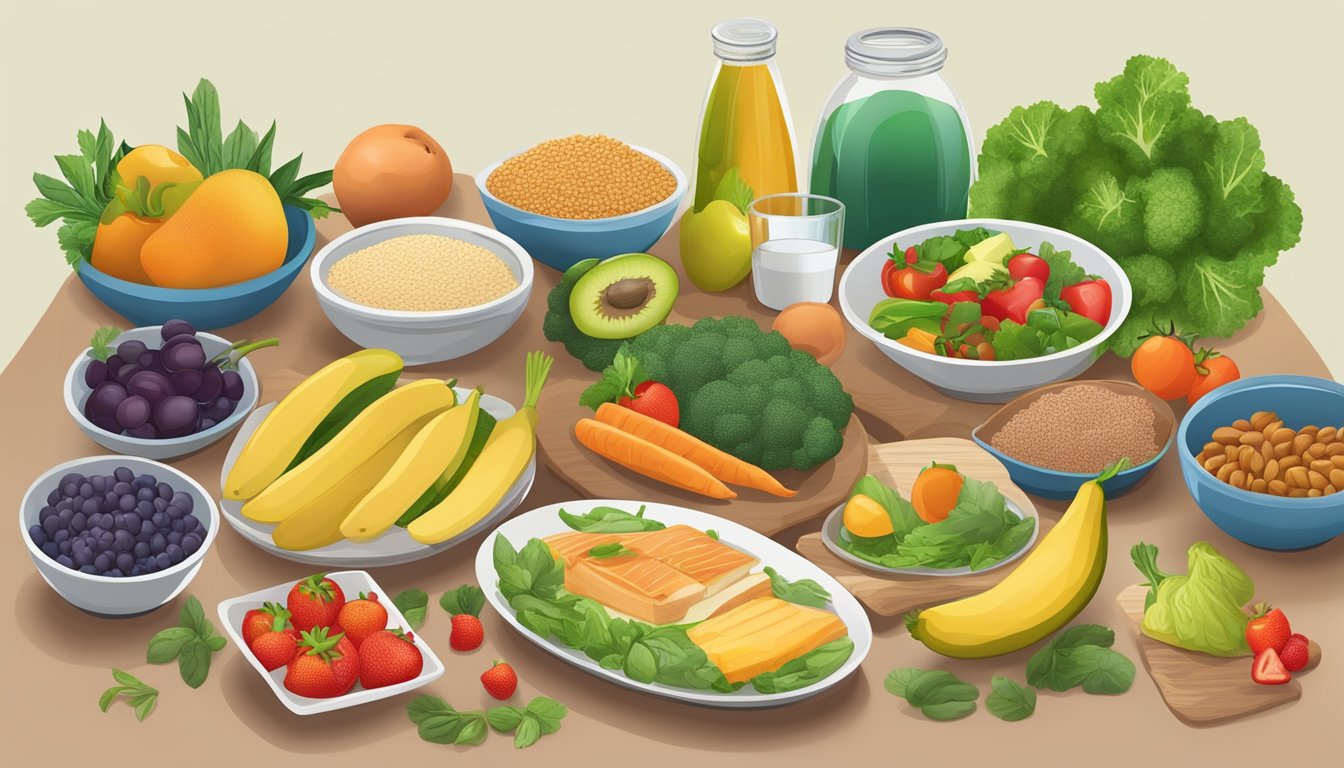 A table set with a variety of healthy, colorful foods, including fruits, vegetables, lean proteins, and whole grains. A gallbladder and a diabetes-friendly meal plan