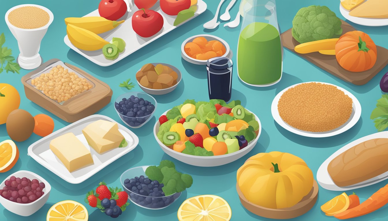 A table set with balanced, colorful meal options, including fruits, vegetables, lean proteins, and whole grains. A journal and blood sugar monitor sit nearby