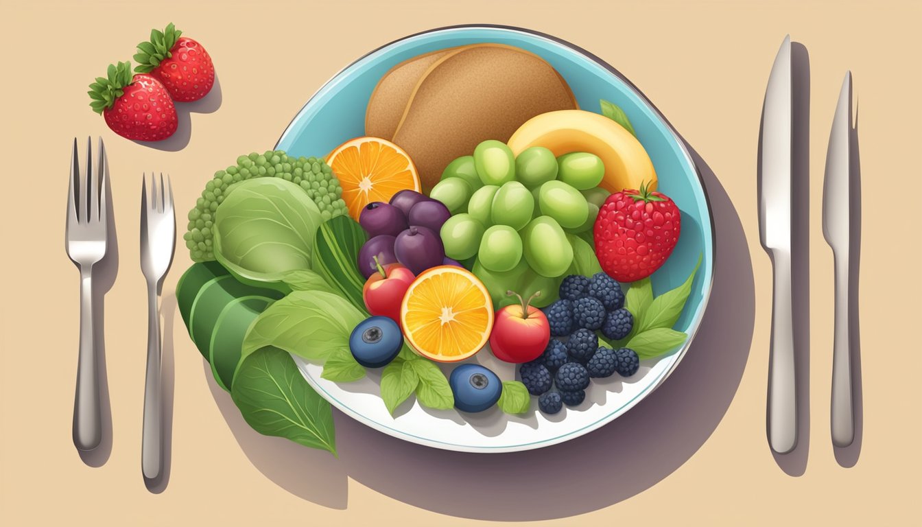 A colorful plate with a variety of fruits, vegetables, lean proteins, and whole grains arranged in a balanced and appealing manner