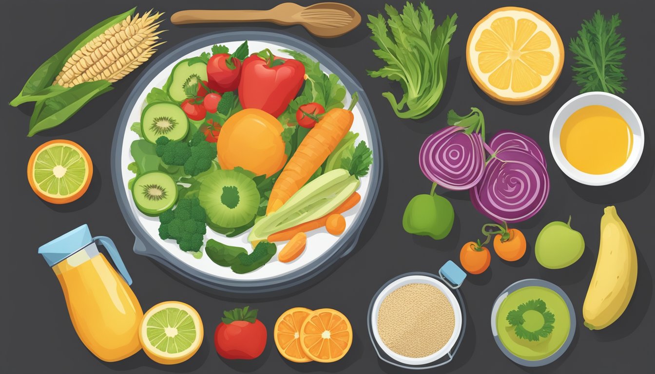 A table with a variety of healthy foods, including fruits, vegetables, lean proteins, and whole grains, alongside a measuring cup and a food scale