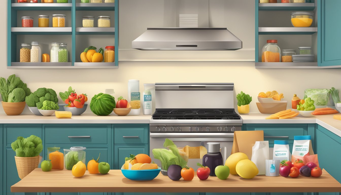 A kitchen counter with various food items and labels, including fruits, vegetables, and packaged goods, with a focus on nutritional information and ingredient lists