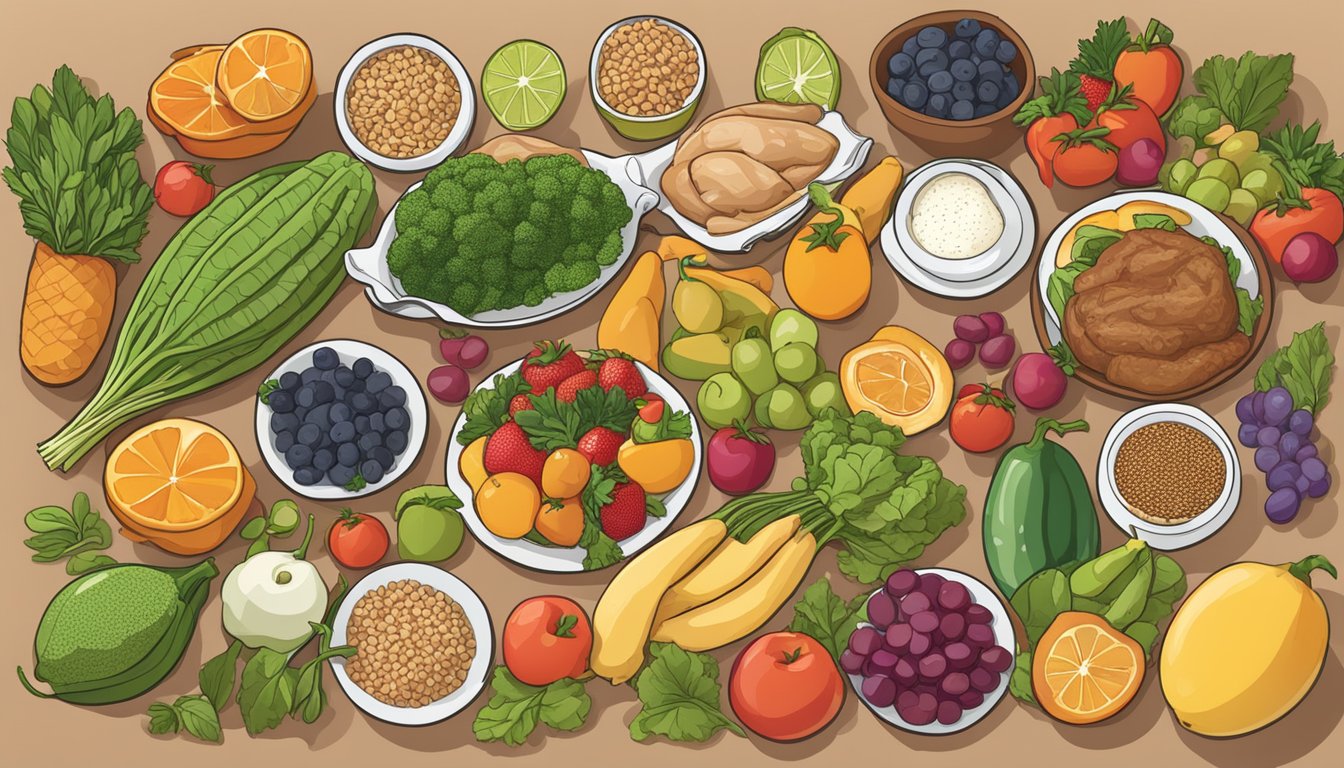 A table with colorful fruits, vegetables, lean meats, and whole grains. A sign reads "Gallbladder-Friendly Diabetic Meal Plans."