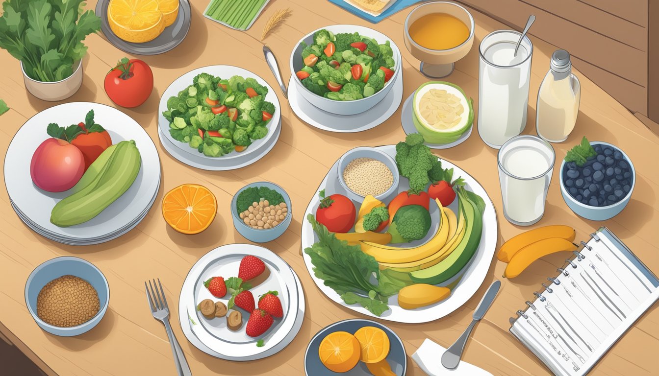 A table set with a variety of healthy foods, including fruits, vegetables, and whole grains. A pamphlet with meal plans and resources for diabetics is displayed nearby