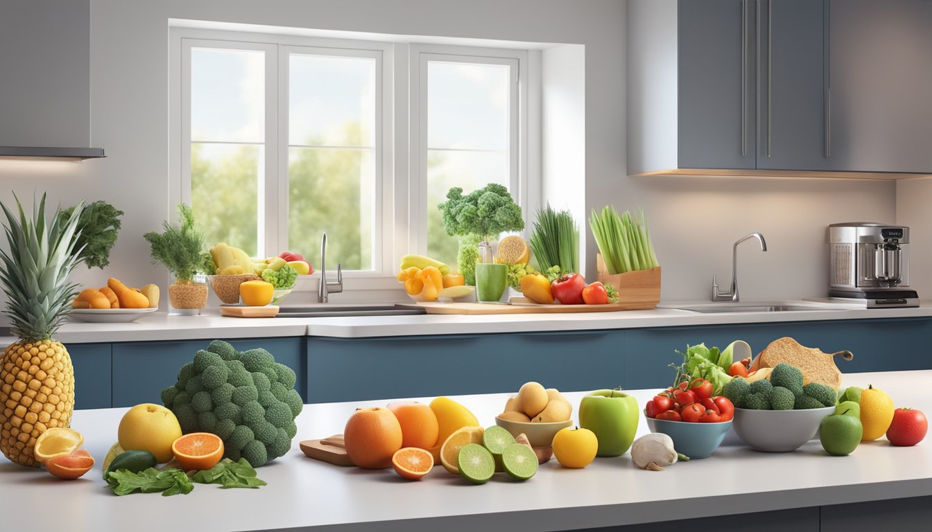 A colorful array of fresh fruits, vegetables, lean proteins, and whole grains arranged on a clean, modern kitchen counter