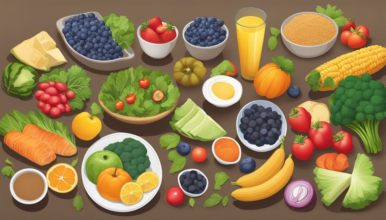 A table set with a variety of colorful, nutrient-rich foods, including lean proteins, whole grains, and fresh fruits and vegetables, all arranged in a balanced and appetizing manner