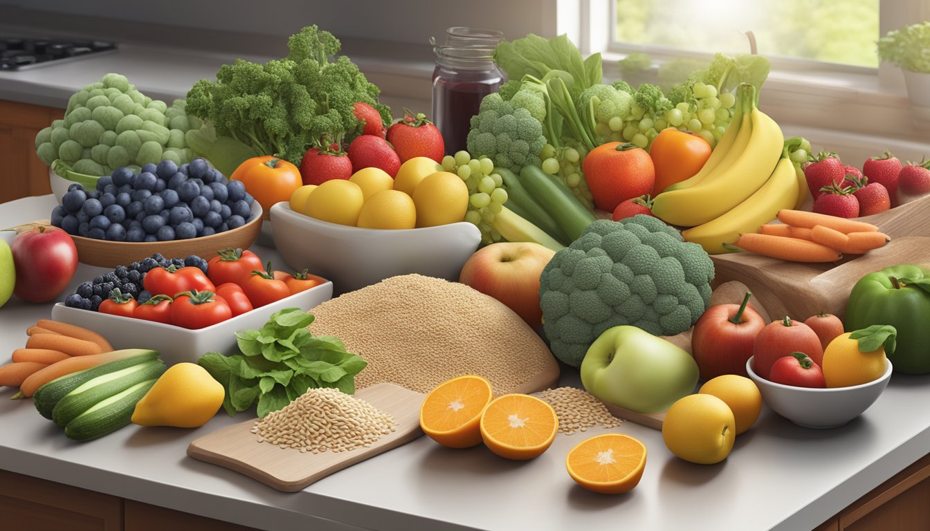 A colorful array of fresh fruits, vegetables, and whole grains arranged on a kitchen counter, with a meal plan chart in the background