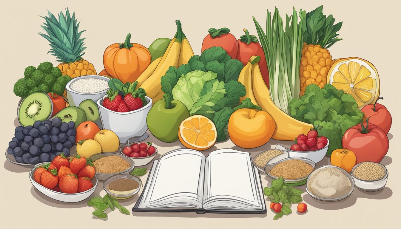 A kitchen counter with a variety of fresh fruits, vegetables, lean proteins, and whole grains. A recipe book open to a page on diabetic-friendly meal plans