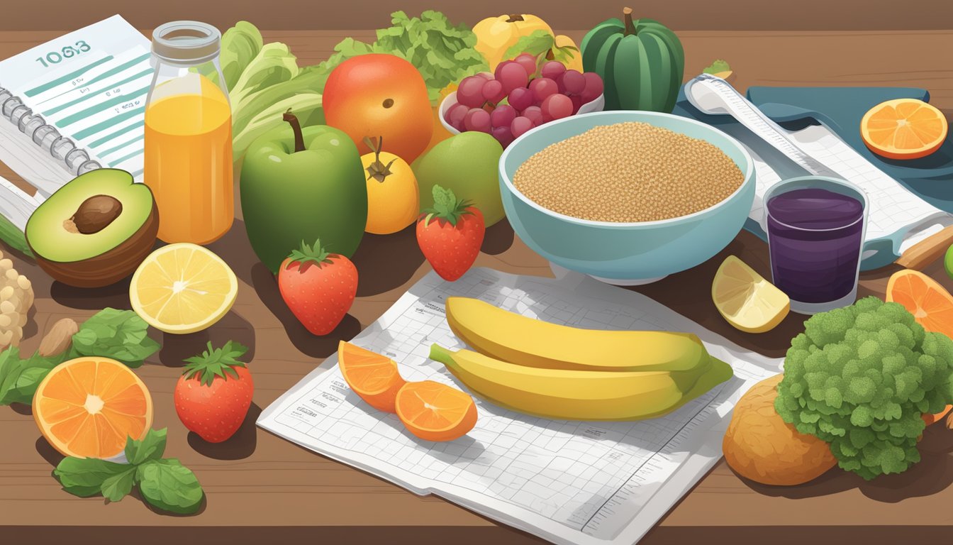 A variety of colorful fruits, vegetables, lean proteins, and whole grains arranged on a table, with a measuring cup and a nutrition guide nearby