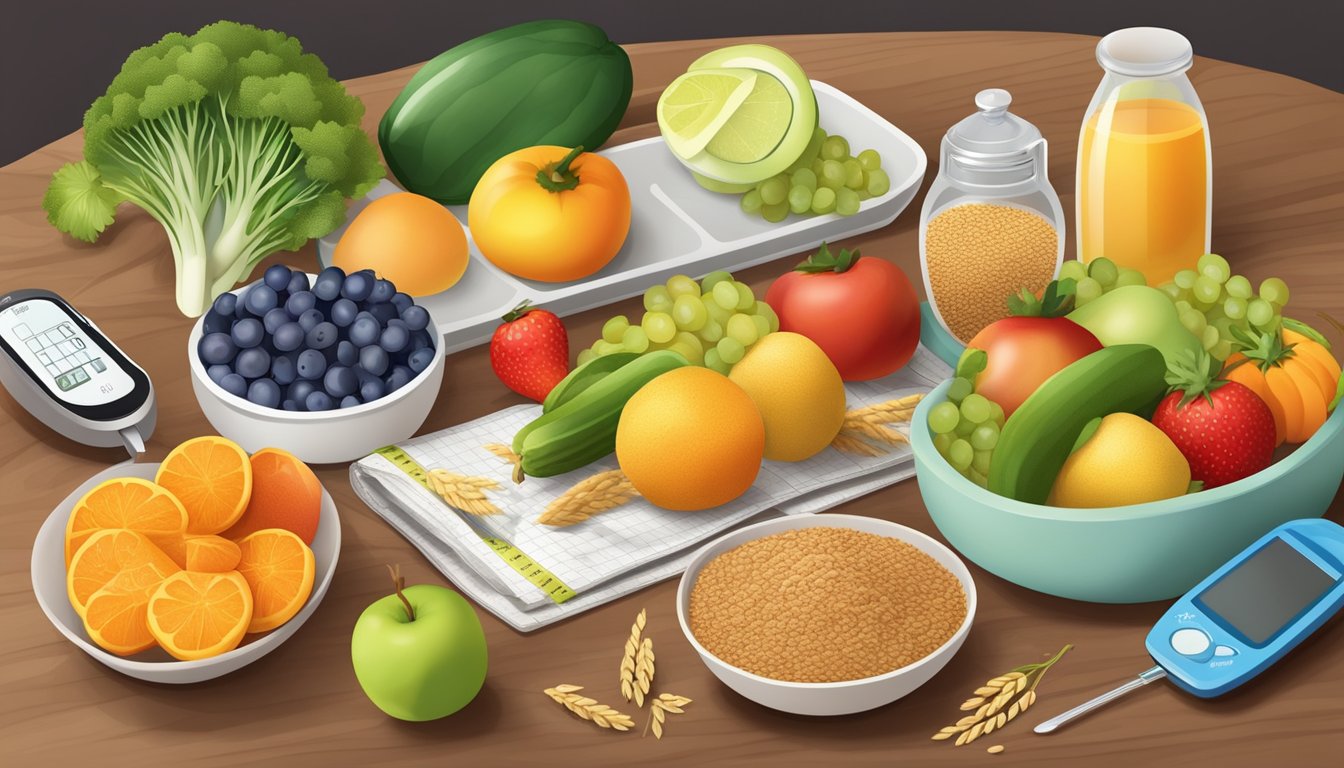 A table with a variety of colorful fruits, vegetables, lean proteins, and whole grains, along with a measuring cup and a blood glucose monitoring device