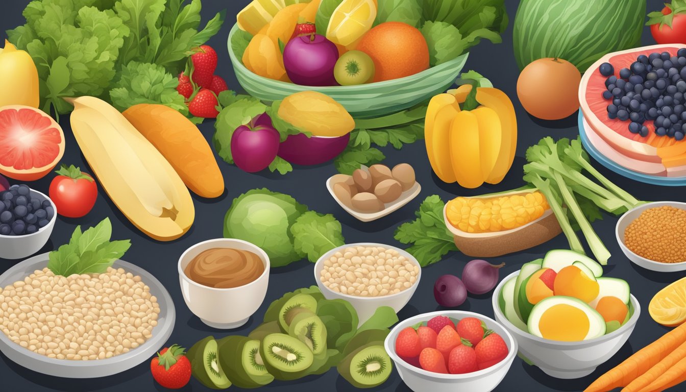 A table set with a variety of colorful, healthy foods including fruits, vegetables, lean proteins, and whole grains