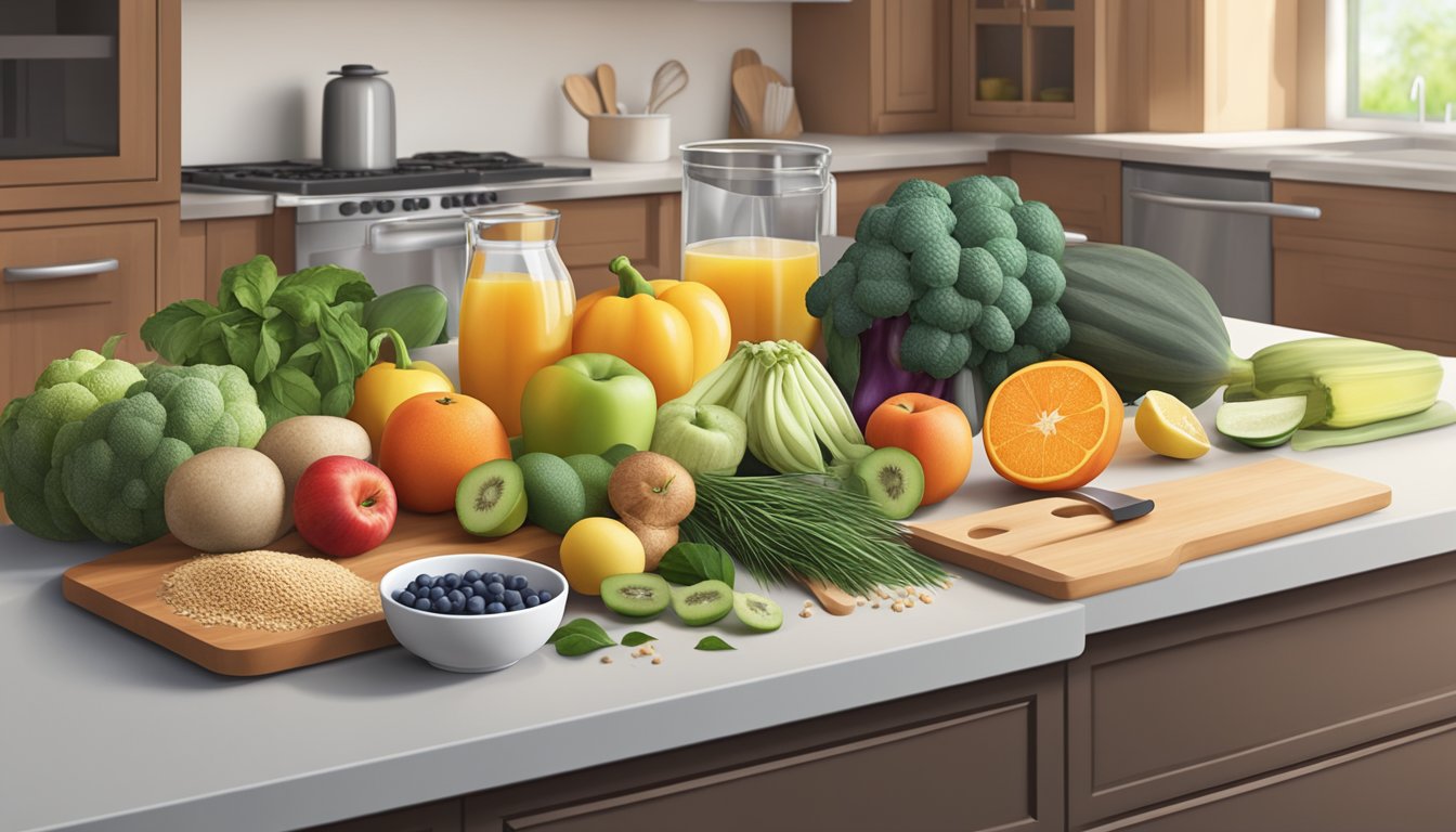 A kitchen counter with a variety of fresh fruits, vegetables, and whole grains. A set of measuring cups and a cutting board are nearby