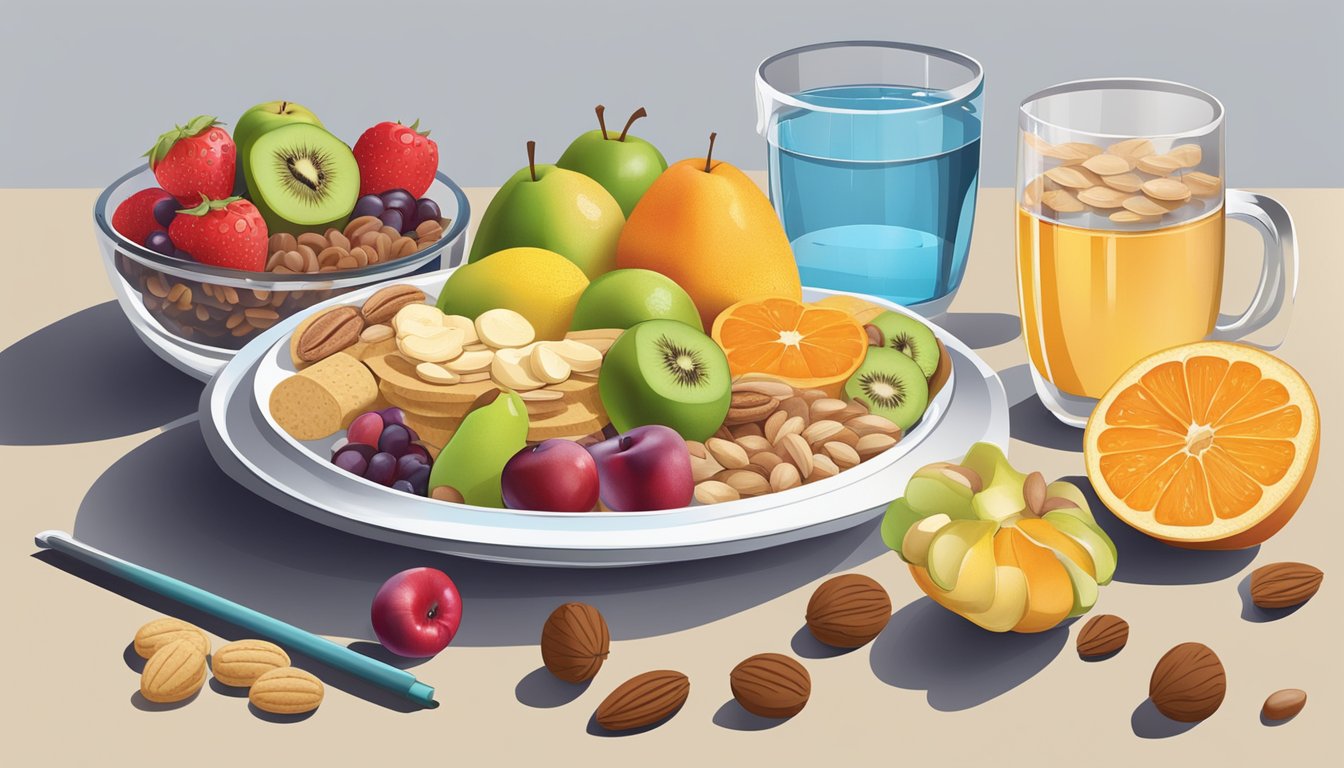 A colorful array of fresh fruits, nuts, and whole grain crackers arranged on a table, with a glass of water and a measuring cup nearby