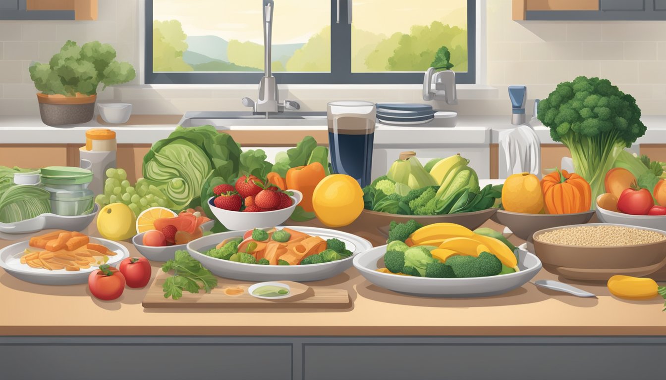 A table set with a variety of healthy meal options, including fruits, vegetables, lean proteins, and whole grains. A wheelchair accessible kitchen with accessible utensils and appliances