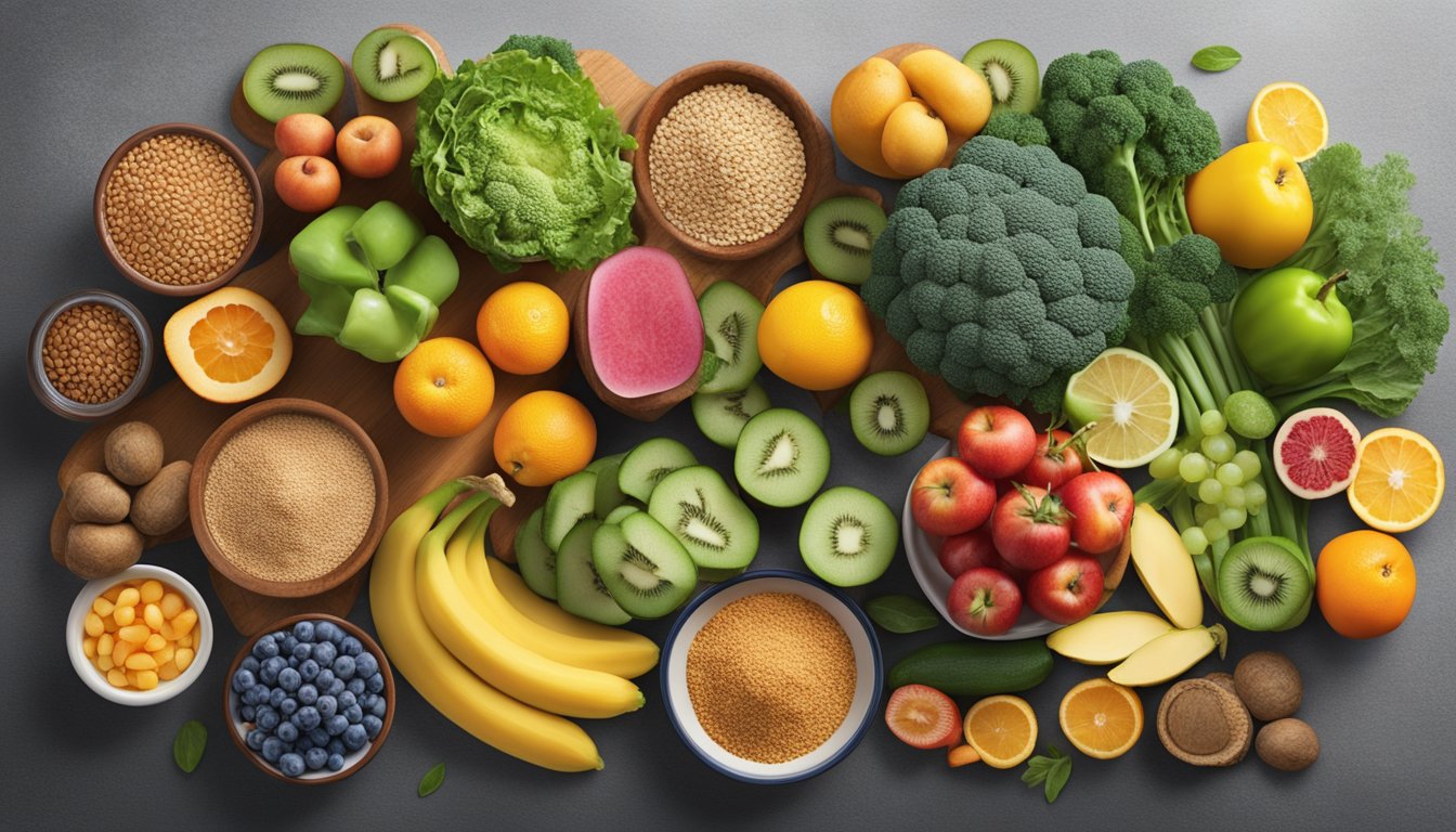 A table with a variety of colorful fruits, vegetables, whole grains, and lean proteins, arranged in a balanced meal plan for diabetics focused on prostate health