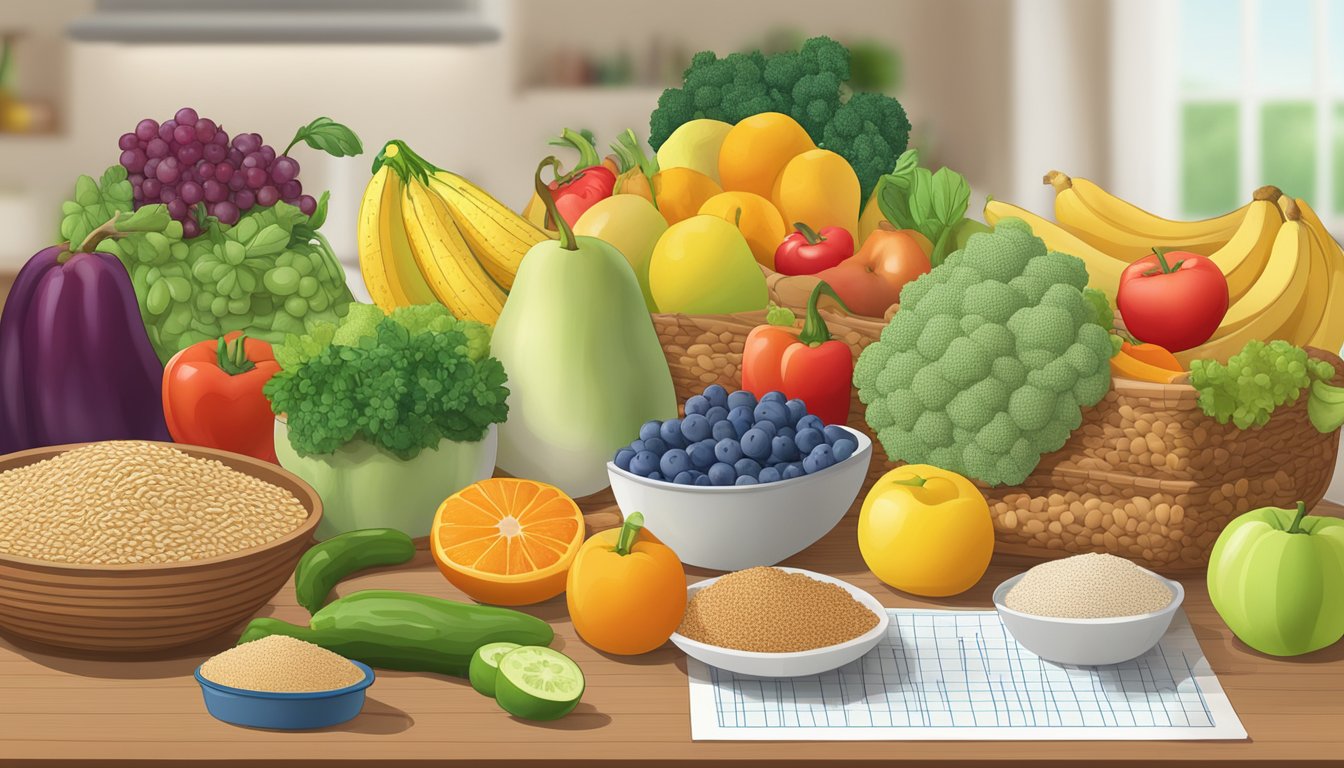 A colorful array of fresh fruits, vegetables, and whole grains arranged on a table, with a diabetic meal plan chart in the background