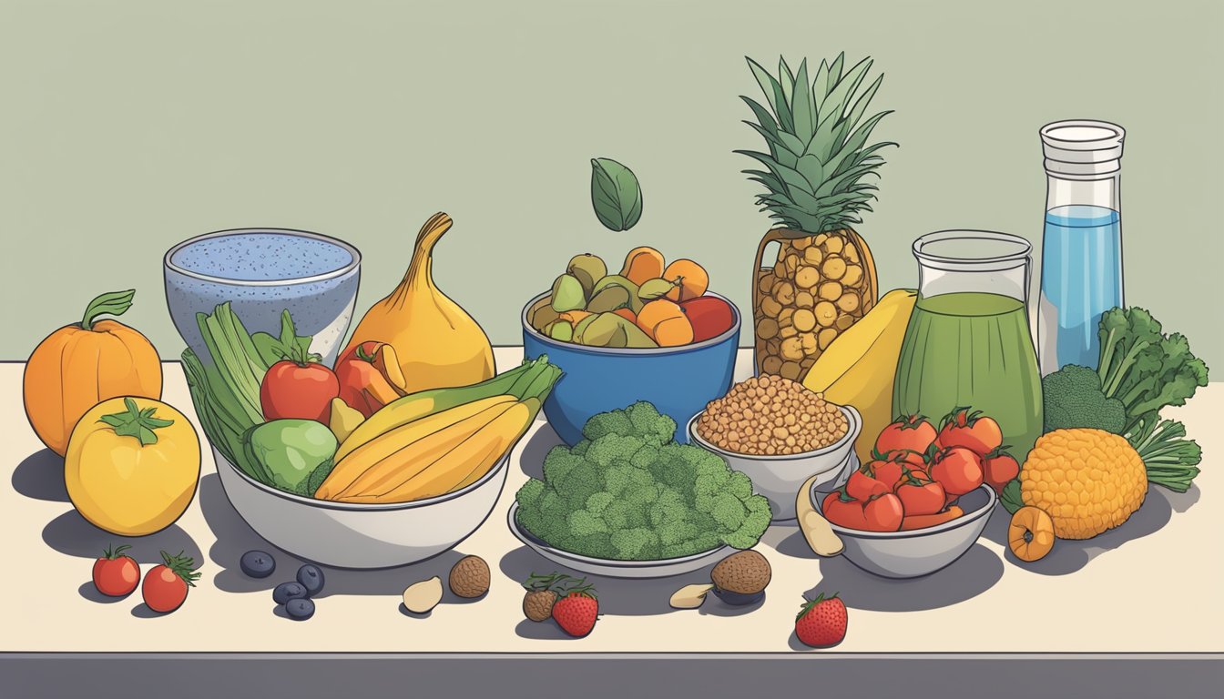 A table set with a variety of healthy foods, including fruits, vegetables, lean proteins, and whole grains. A measuring cup and scale are nearby for portion control