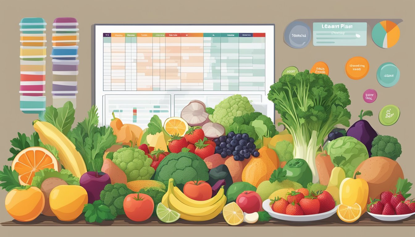 A colorful array of fresh fruits, vegetables, and lean proteins arranged on a table, with a diabetic-friendly meal plan chart nearby