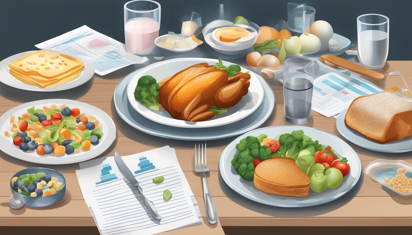 A dinner table set with plates of chromium-rich foods, surrounded by scientific research papers and charts on glucose regulation