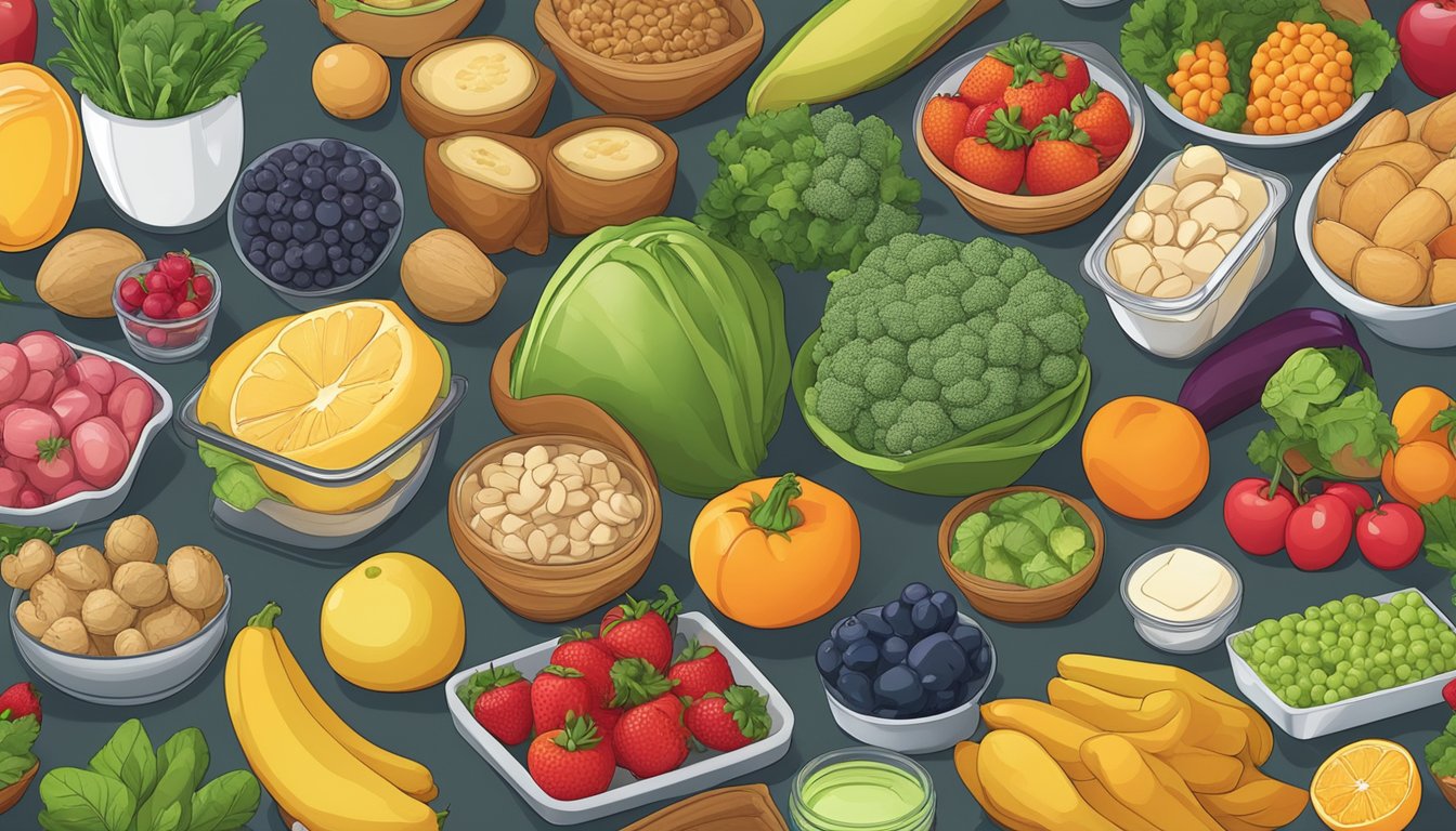 A table with a variety of healthy foods, including fruits, vegetables, and lean proteins, with a focus on portion control and low glycemic index options