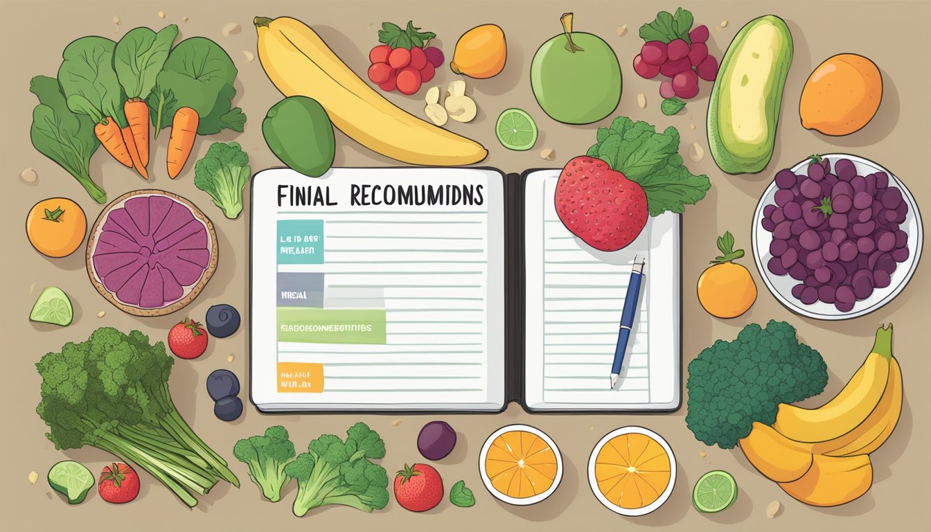 A table filled with colorful fruits, vegetables, and lean proteins, with a notebook open to a page titled "Final Recommendations and Meal Planning Strategies Liver Function Meal Plans for Diabetics."