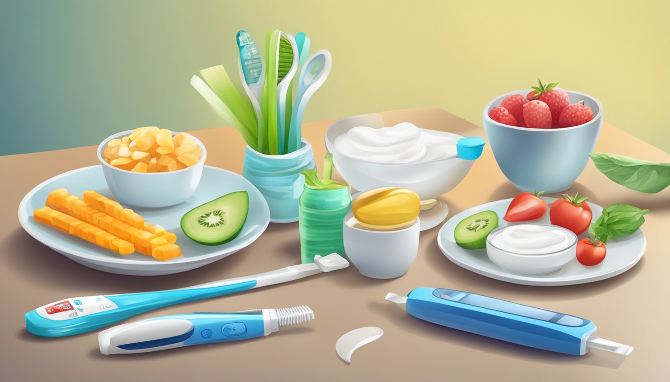 A toothbrush and tube of toothpaste next to a plate of healthy food, surrounded by a measuring tape and a blood glucose monitor