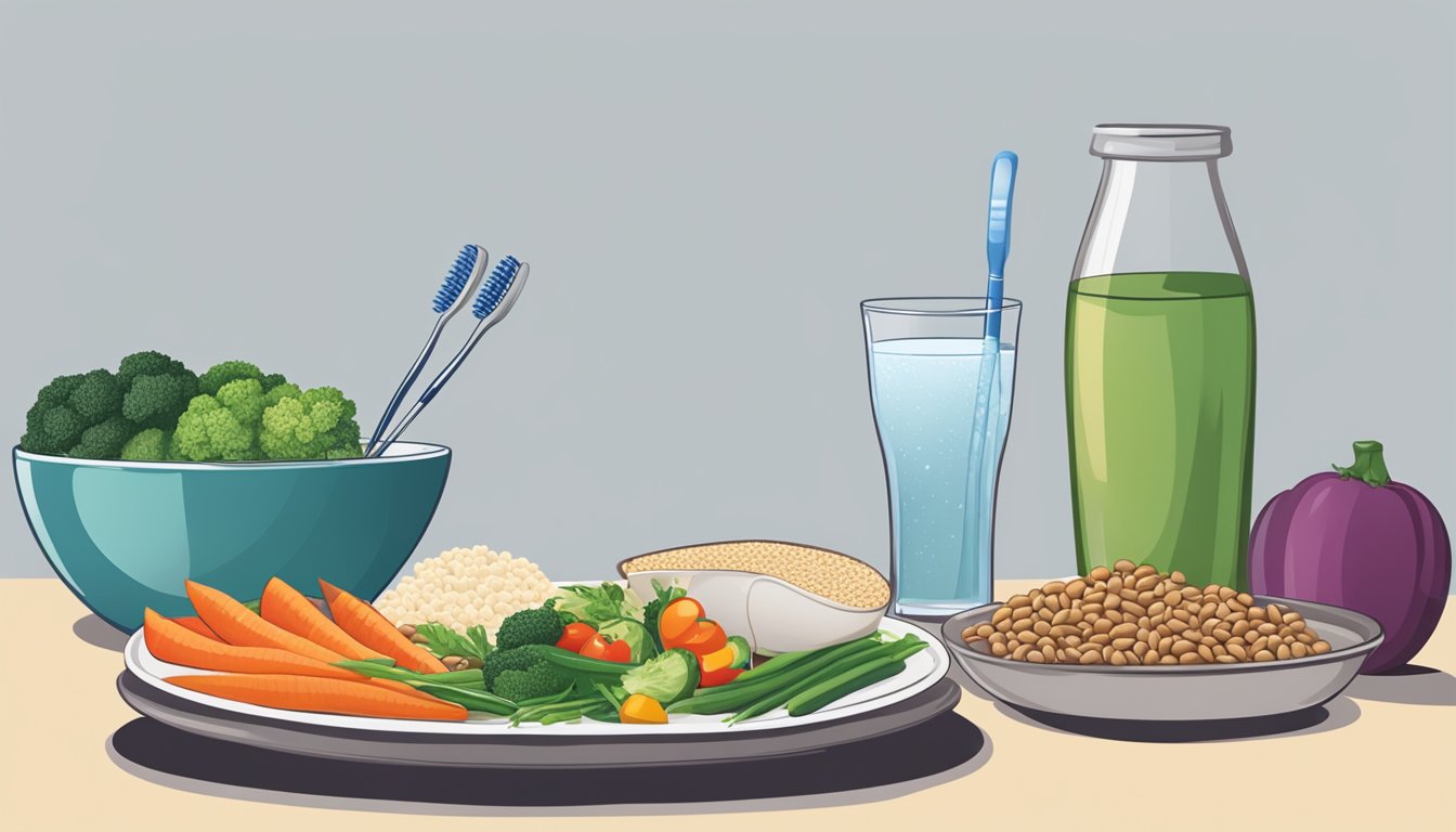 A dinner table with a balanced meal of vegetables, lean protein, and whole grains. A glass of water and a toothbrush nearby