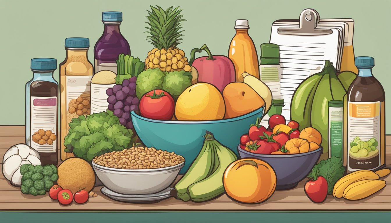 A table with a variety of colorful fruits, vegetables, and whole grains, alongside a dental care kit and a meal plan booklet