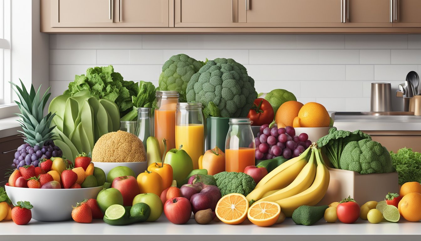 A colorful array of fresh fruits, vegetables, lean proteins, and whole grains laid out on a clean, modern kitchen counter