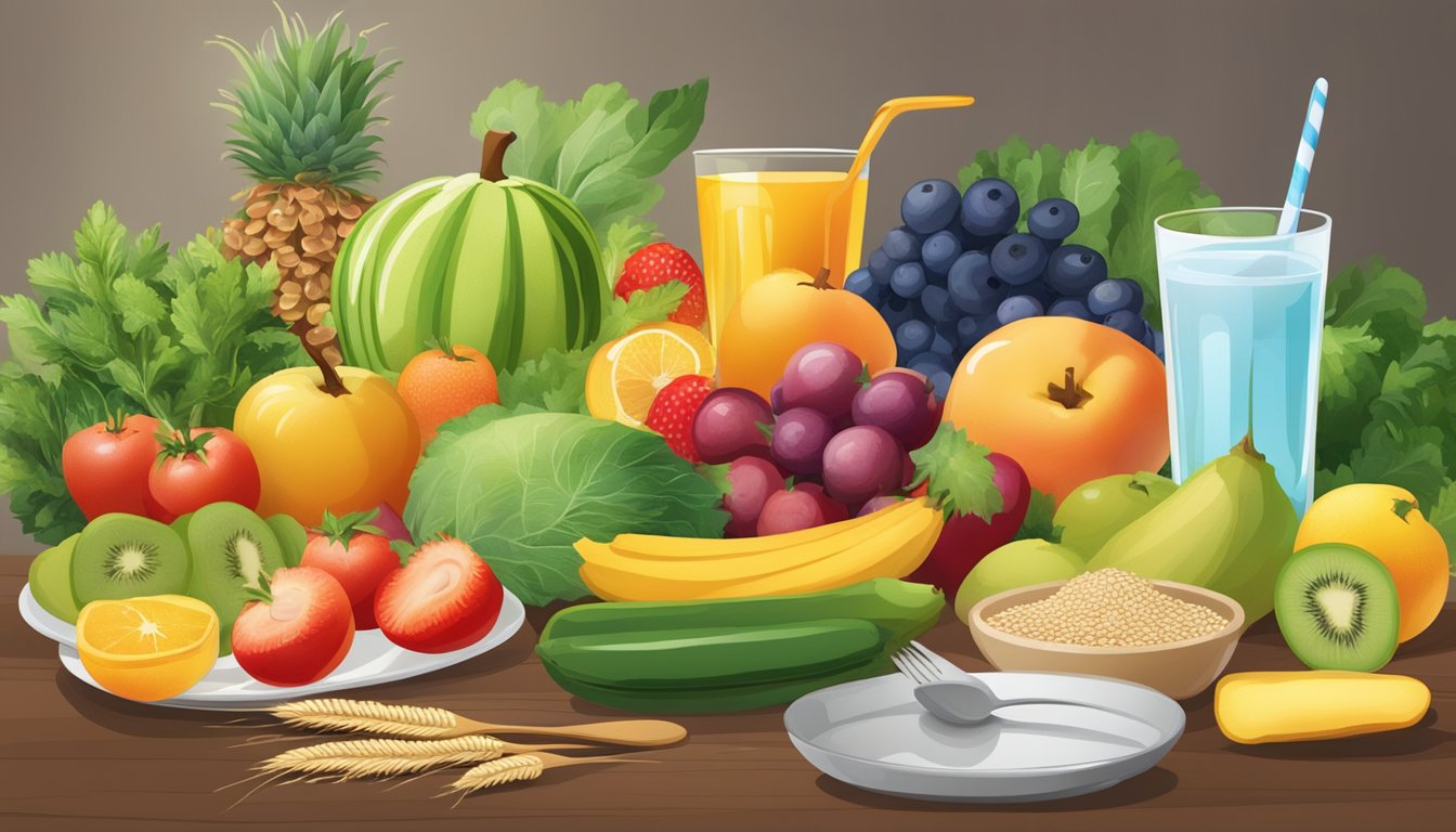 A table with a variety of colorful fruits, vegetables, and whole grains, along with a glass of water and a toothbrush