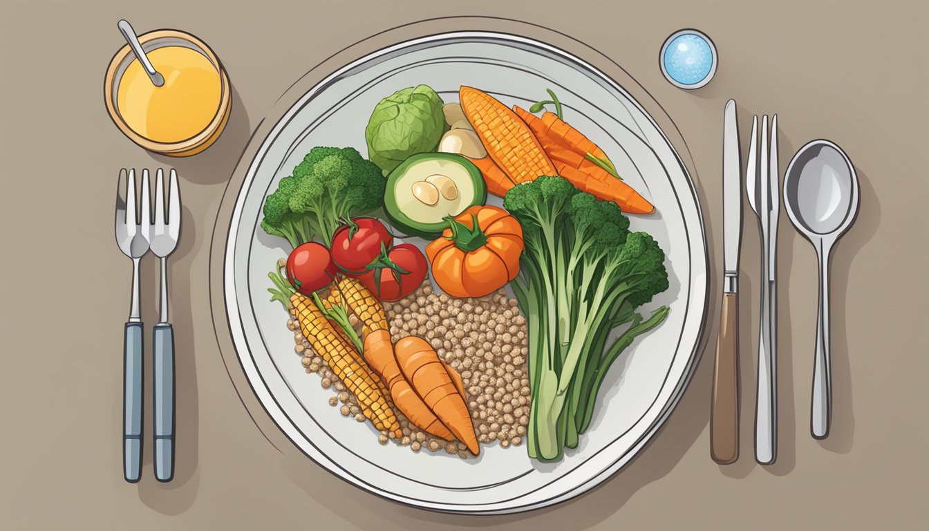 A dinner table set with a colorful array of vegetables, lean proteins, and whole grains, alongside a glass of water and a toothbrush