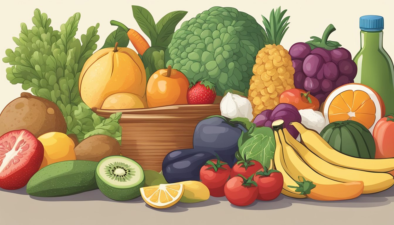 A colorful array of fruits, vegetables, and whole grains arranged on a table, with a dental floss and toothbrush nearby