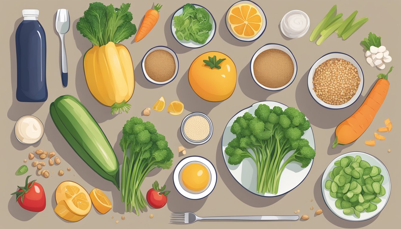 A table set with balanced meal components: vegetables, lean protein, whole grains, and fruits. A toothbrush and floss sit nearby