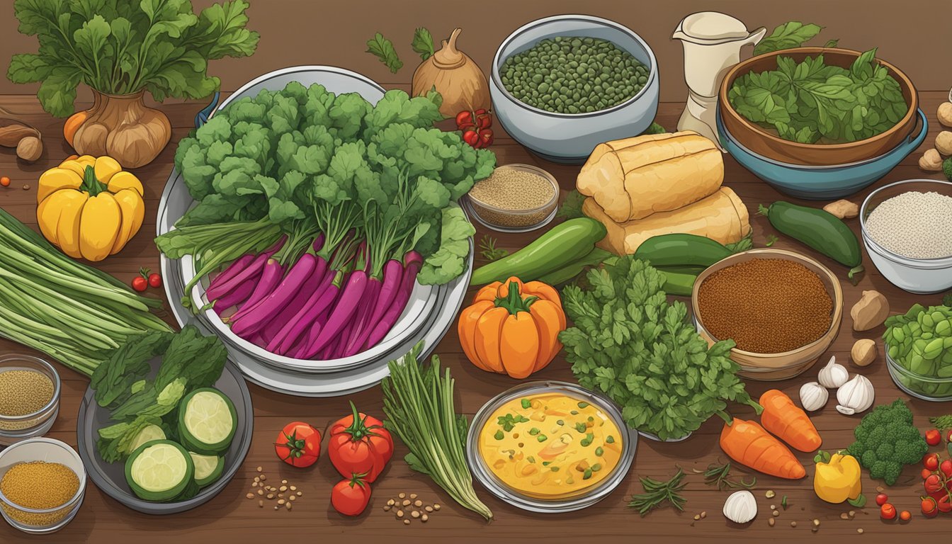 A dinner table set with a variety of colorful vegetables, herbs, and spices, with a focus on adaptogenic ingredients known for their stress-relieving and glucose-regulating properties