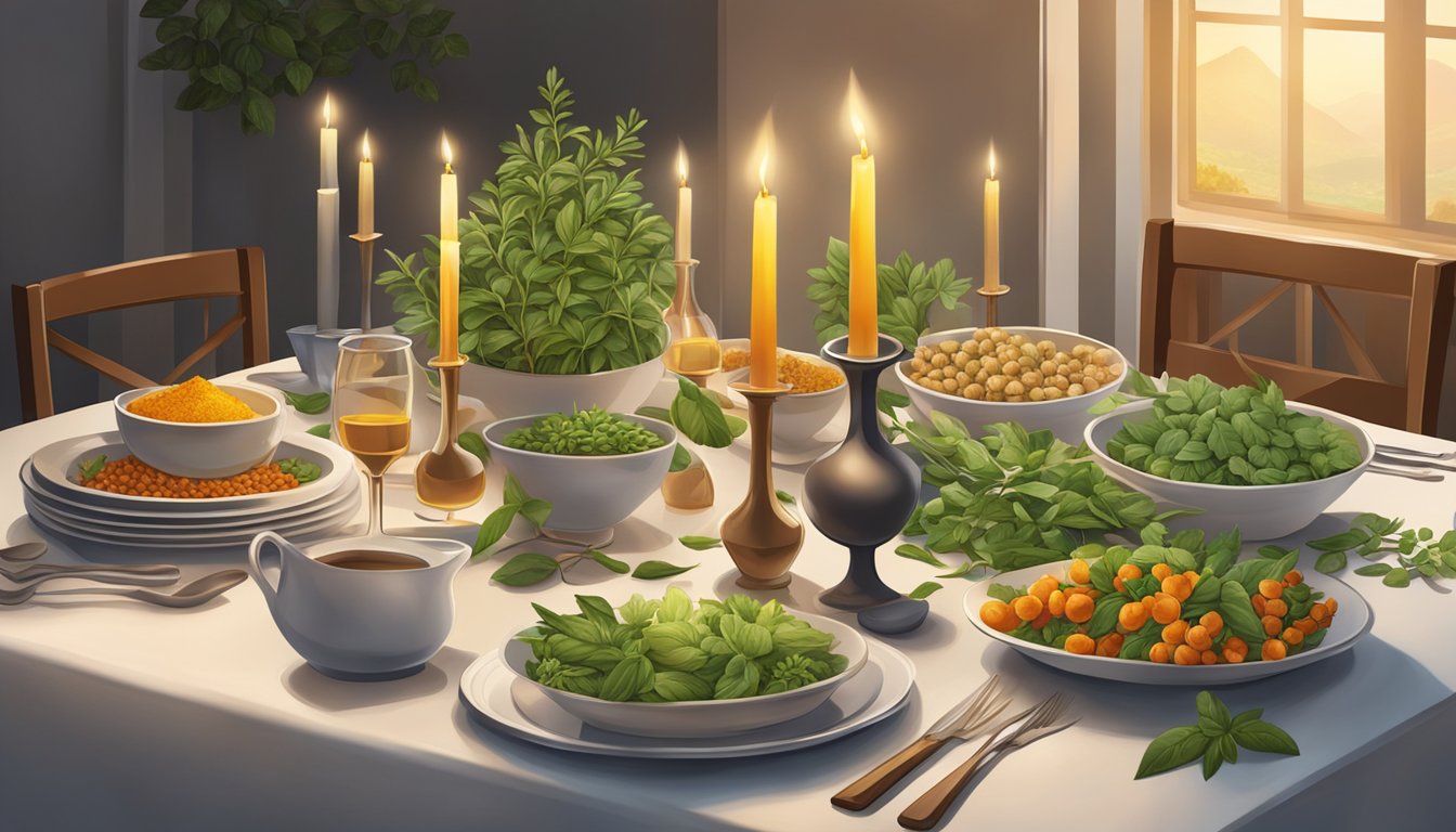 A dinner table set with various herbs like ashwagandha, holy basil, and rhodiola, surrounded by glowing candles and a serene atmosphere