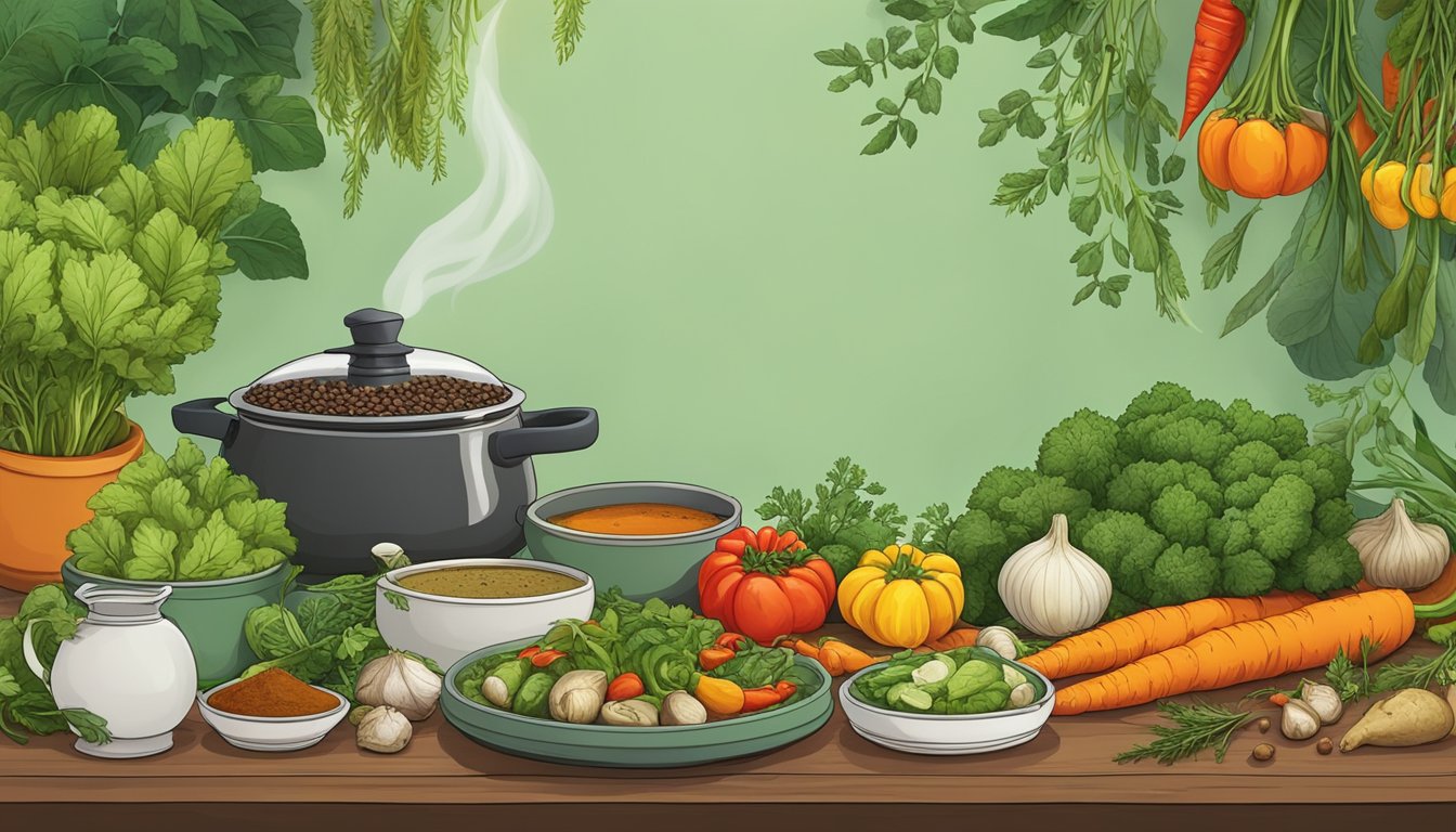 A table set with a variety of colorful vegetables, herbs, and spices, with a steaming pot of soup and a plate of roasted roots, all surrounded by vibrant green plants