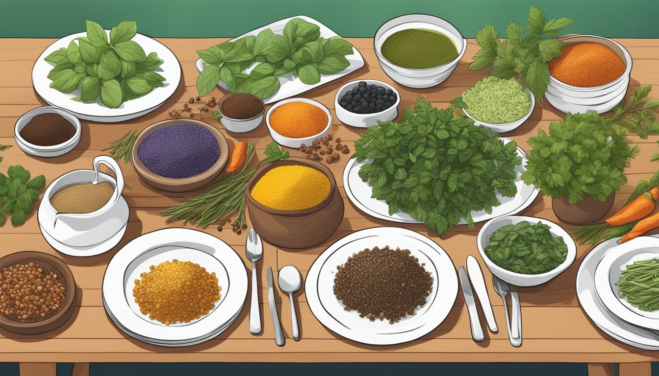 A dinner table set with a variety of colorful, fresh herbs and spices, with a focus on adaptogens known for their stress-reducing and glucose management properties