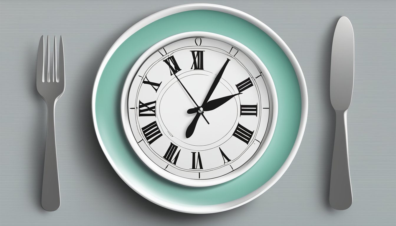 A table set with a dinner plate, fork, and knife next to a clock showing the optimal time for medication efficacy