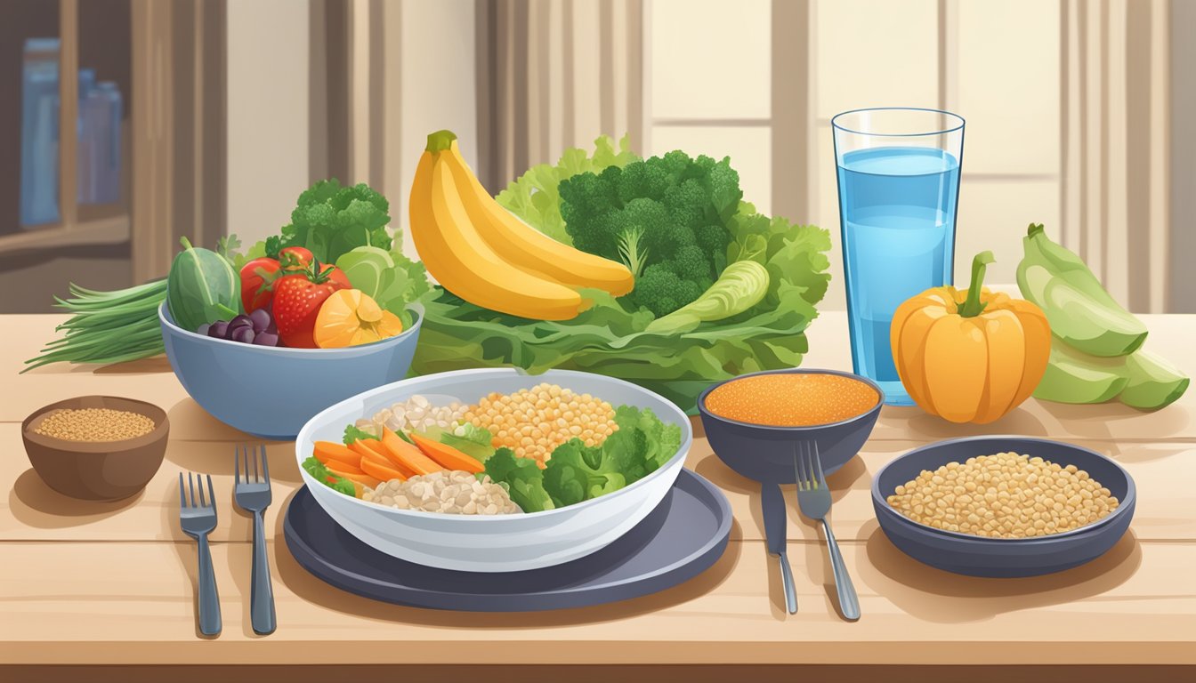 A table set with a balanced meal plan, including fresh vegetables, lean proteins, and whole grains. A glass of water and a plate of fruit complete the scene