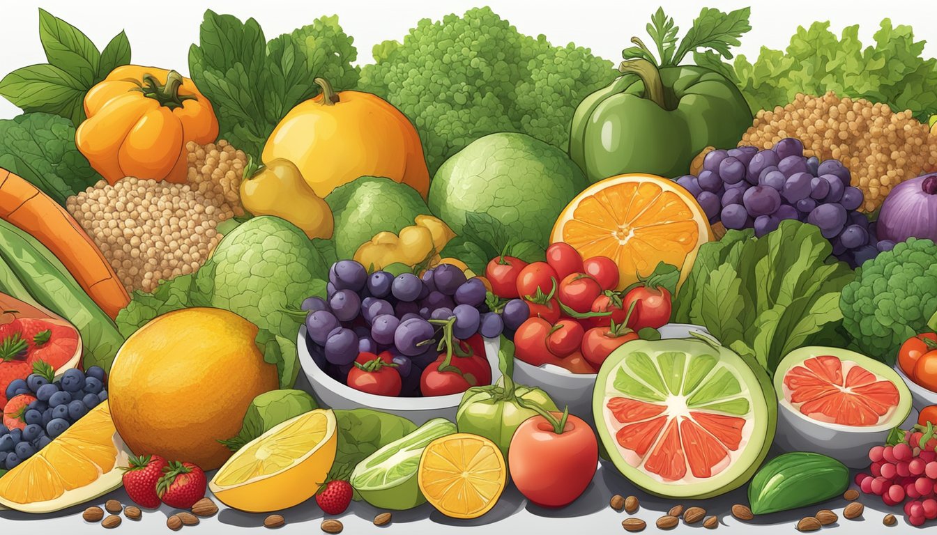 A colorful array of fresh fruits, vegetables, whole grains, and lean proteins arranged on a table, with a variety of herbs and spices scattered around