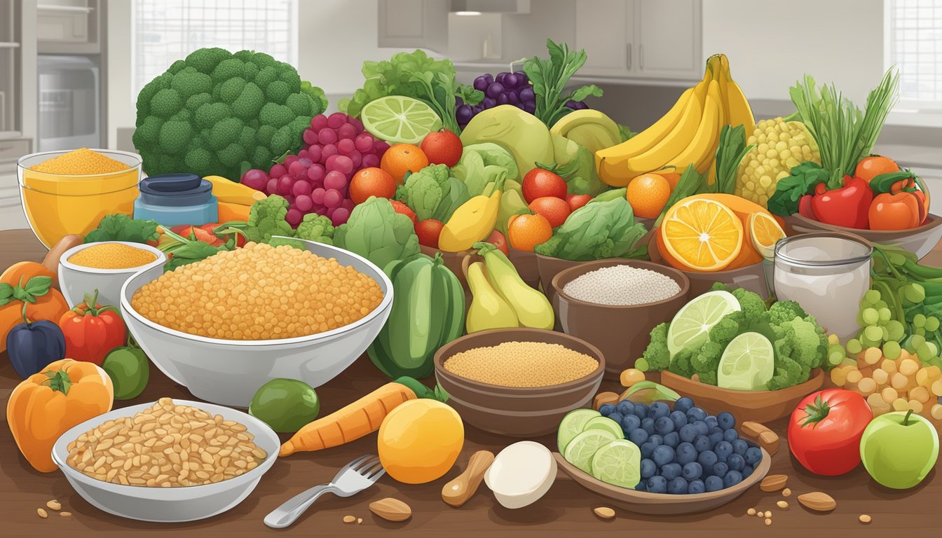 A colorful array of fresh fruits, vegetables, whole grains, and lean proteins arranged on a table, surrounded by cooking utensils and a meal plan chart