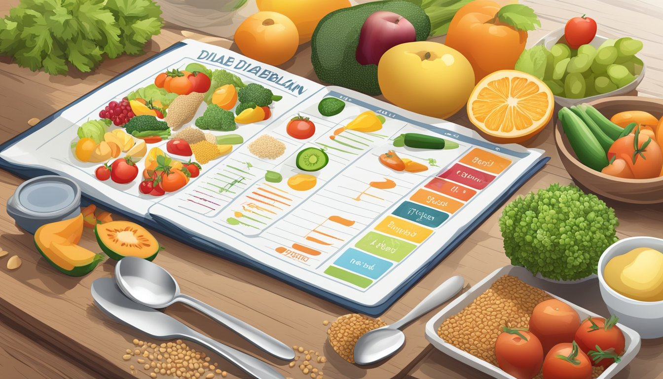 A table set with a colorful array of fresh fruits, vegetables, and whole grains, alongside a measuring cup and spoon, with a diabetic meal plan chart in the background