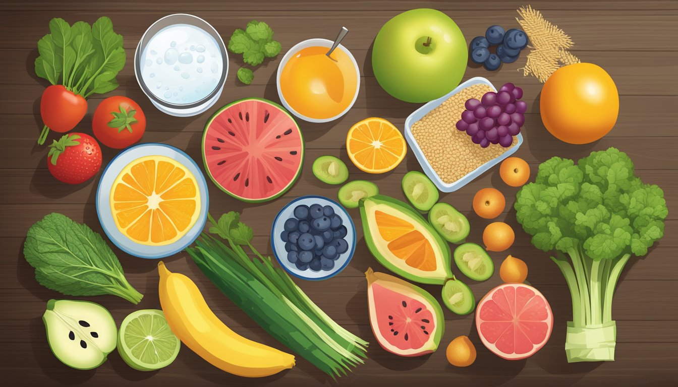 A colorful array of fresh fruits, vegetables, whole grains, and lean proteins arranged on a table, with a glass of water and a measuring tape nearby