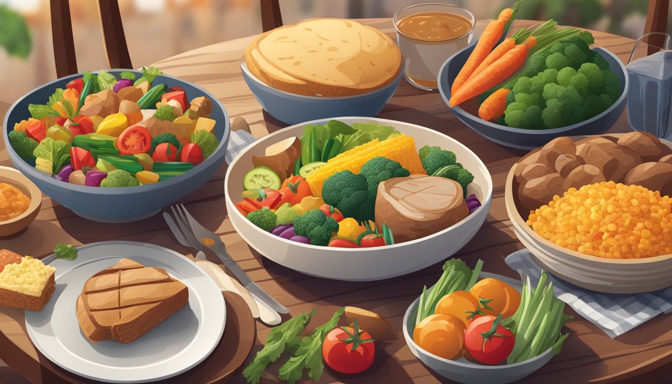 A dinner table with a variety of foods, including lean proteins, whole grains, and colorful vegetables, surrounded by a warm, inviting atmosphere