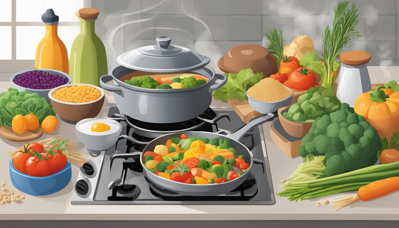 A table set with colorful, nutrient-rich foods like lean proteins, vegetables, and whole grains. A steaming pot on the stove emits delicious aromas