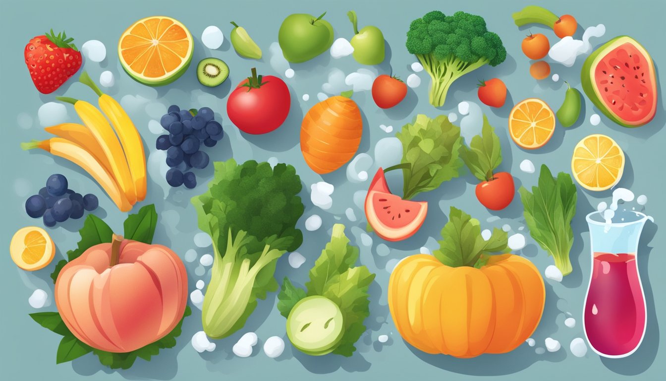 A colorful spread of fruits, vegetables, and water with steam rising from a hearty meal, symbolizing the importance of hydration and thermic foods for boosting metabolism and managing blood sugar