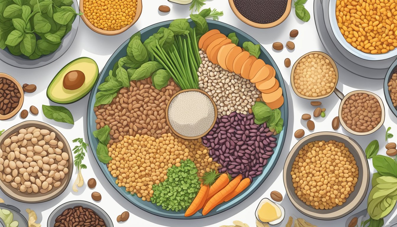 A colorful plate with a variety of foods, including beans, lentils, and whole grains, surrounded by a diverse array of gut microbiota